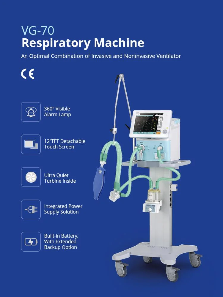 CE Certificate Pneumatic Driven Electronic Control Ventilator Hospital ICU Medical Equipment Ventilator Vg70 for Infant and Adult